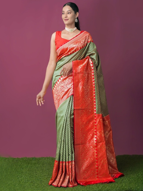 

Unnati Silks Green & Red Ethnic Motifs Zari Kanjeevaram Saree