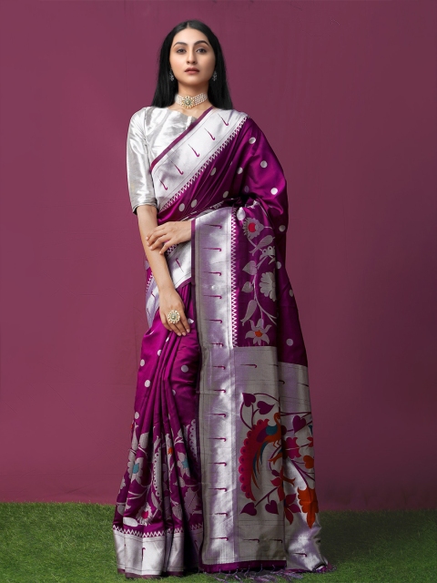 

Unnati Silks Purple & Silver Ethnic Motifs Art Silk Paithani Saree