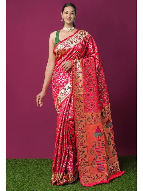

Unnati Silks Pink & Gold-Toned Ethnic Motifs Zari Art Silk Paithani Saree