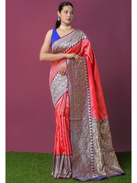 

Unnati Silks Red & Blue Ethnic Motifs Zari Silk Blend Kanjeevaram Saree