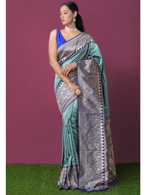 

Unnati Silks Green & Blue Ethnic Motifs Zari Kanjeevaram Saree