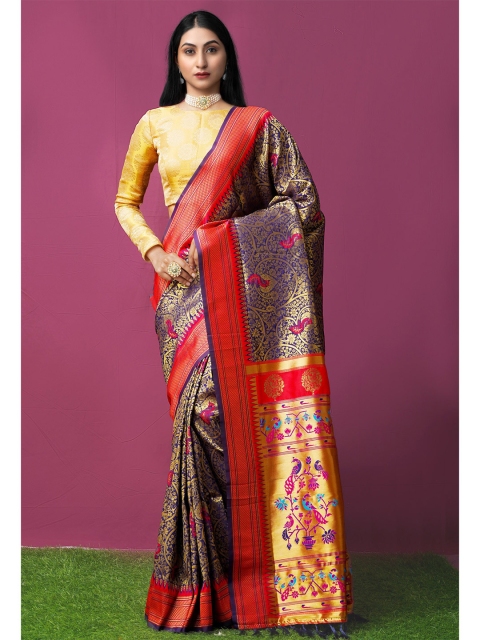 

Unnati Silks Navy Blue & Red Woven Design Zari Silk Blend Kanjeevaram Saree