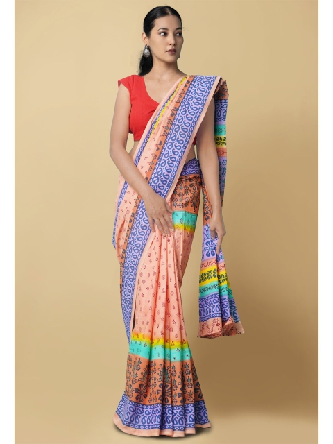 

Unnati Silks Peach & Blue Ethnic Motifs Pure Cotton Kasavu Saree