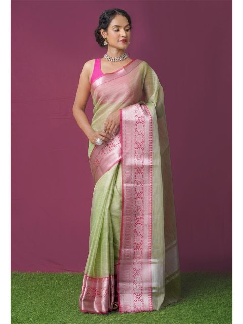 

Unnati Silks Green & Pink Ethnic Motifs Zari Tissue Kota Saree