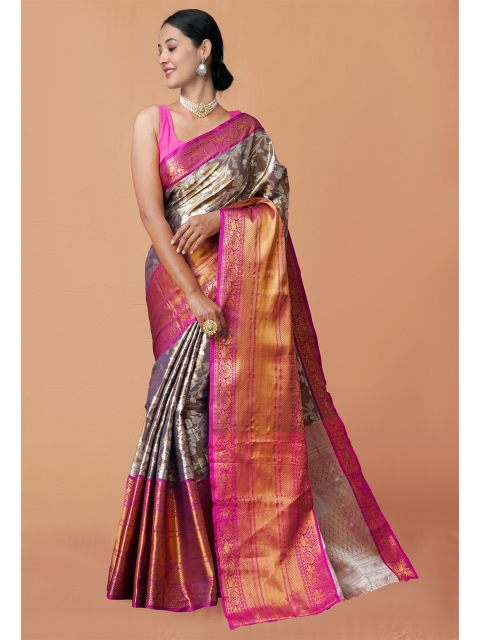 

Unnati Silks Pink & Gold-Toned Ethnic Motifs Zari Silk Blend Kanjeevaram Saree