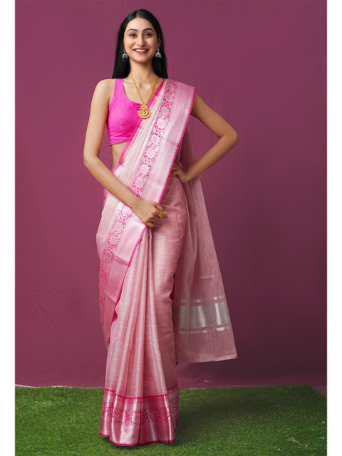 

Unnati Silks Peach & Silver-Toned Woven Design Tissue Kota Saree