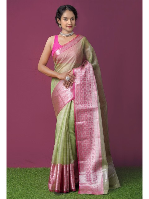 

Unnati Silks Green & Pink Ethnic Motifs Zari Tissue Kota Saree