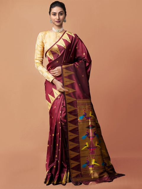 

Unnati Silks Maroon & Gold-Toned Woven Design Zari Art Silk Paithani Saree