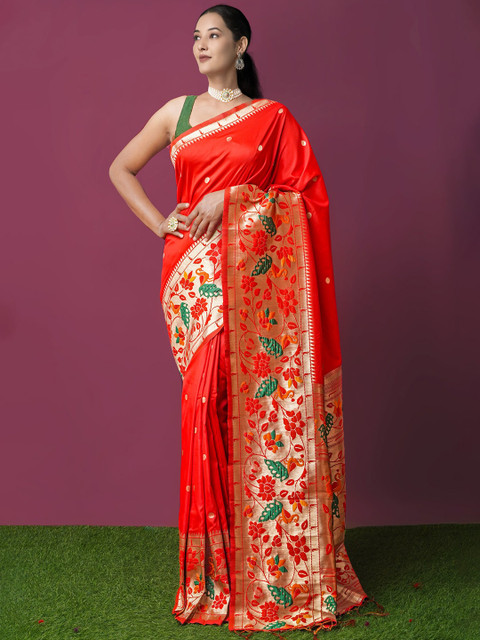 

Unnati Silks Red & Gold Ethnic Motifs Art Silk Paithani Saree