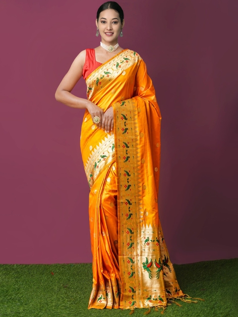 

Unnati Silks Yellow & Gold-Toned Ethnic Motifs Zari Art Silk Paithani Saree