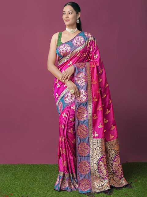 

Unnati Silks Pink & Gold-Toned Ethnic Motifs Zari Art Silk Paithani Saree