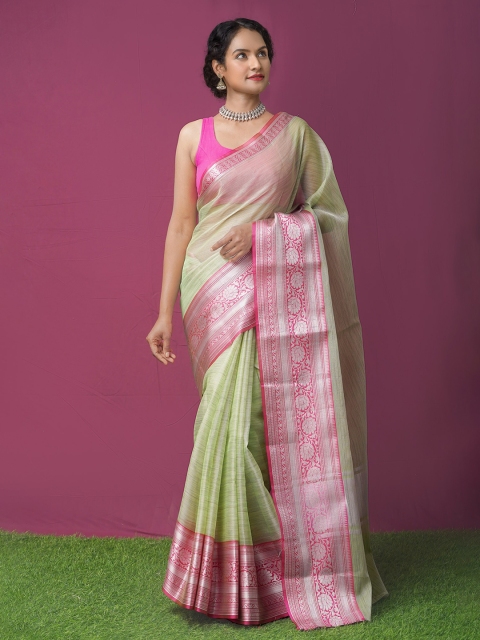 

Unnati Silks Green & Silver-Toned Ethnic Motifs Woven Design Tissue Kota Saree