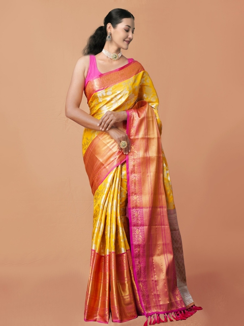 

Unnati Silks Yellow & Pink Ethnic Motifs Zari Silk Blend Kanjeevaram Saree