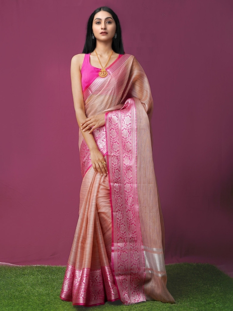 

Unnati Silks Peach & Silver-Toned Woven Design Tissue Kota Saree
