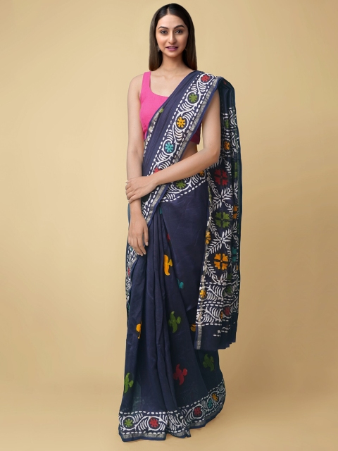 

Unnati Silks Navy Blue & White Batik Printed Silk Cotton Chanderi Saree