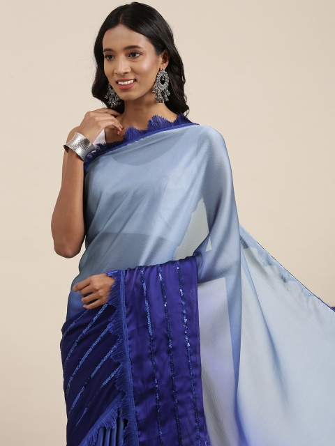 

PERFECTBLUE Blue & Grey Ombre Sequinned Half and Half Saree
