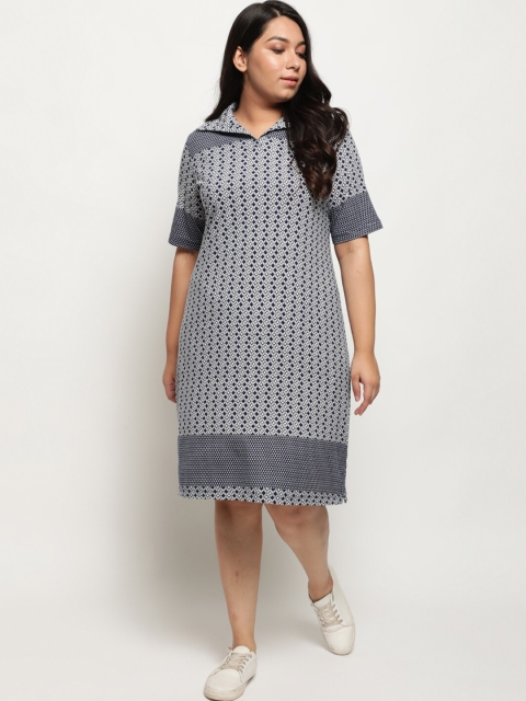 

Amydus Women Plus Size Blue & White Collar Shirt Dress