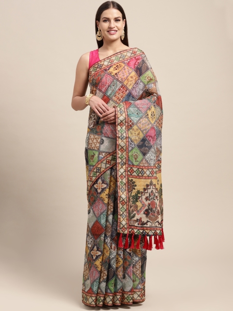 

VASTRANAND Pink & Multicoloured Kalamkari Sequinned Linen Blend Block Print Saree