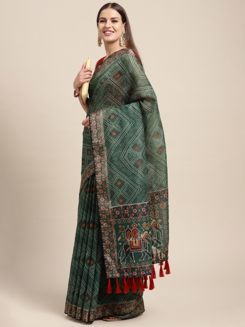 

VASTRANAND Green & Multicoloured Kalamkari Sequinned Linen Blend Bandhani Saree