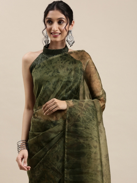 

Saree mall Olive Green Printed Organza Sarees