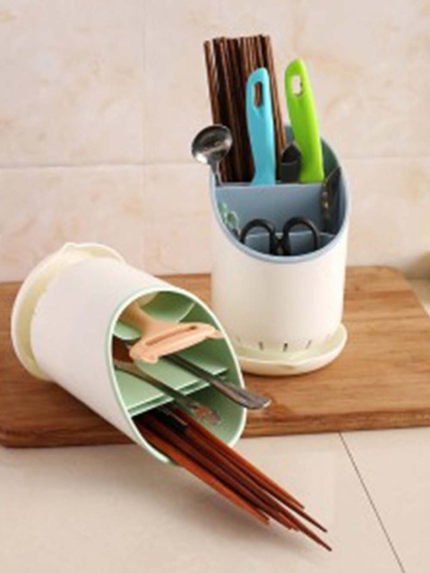 

MARKET99 Green & White Solid Plastic Cutlery Holder