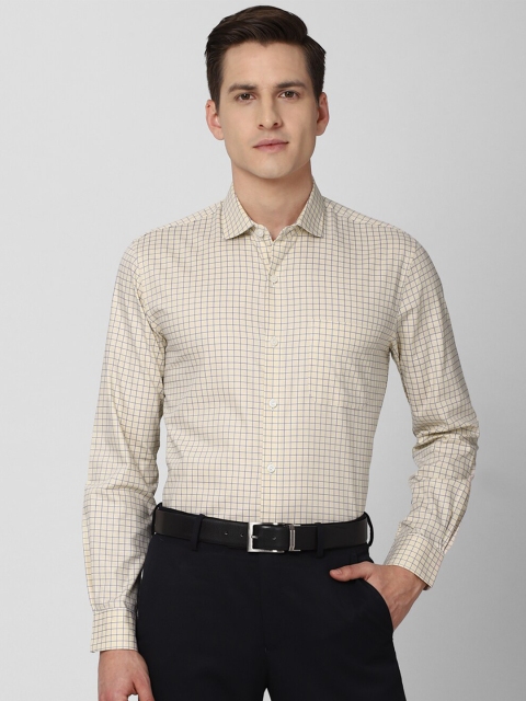 

Peter England Elite Men Beige & Blue Slim Fit Checked Pure Cotton Formal Shirt