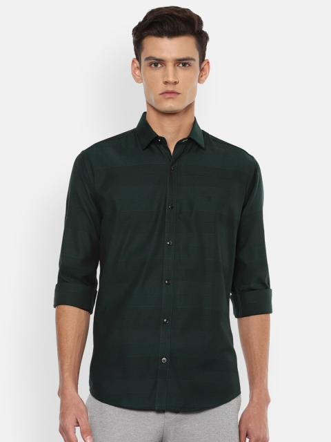 

V Dot Men Dark Green Slim Fit Horizontal Stripes Striped Pure Cotton Casual Shirt
