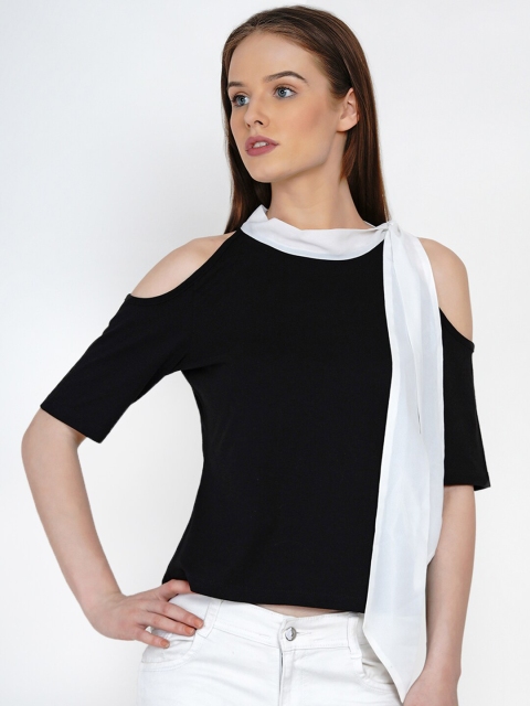 

Texco Black & White Colourblocked Scarf Detailed Neck Cold Shoulder Bohemian Top