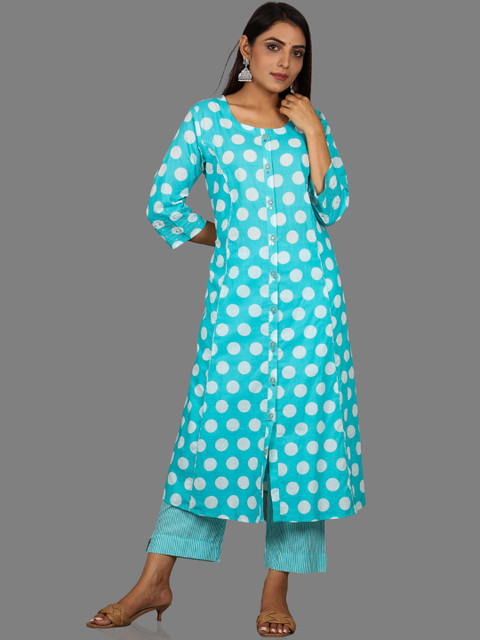

Swasti Women Blue & White Polka Dots Printed Pure Cotton Kurta with Trouser