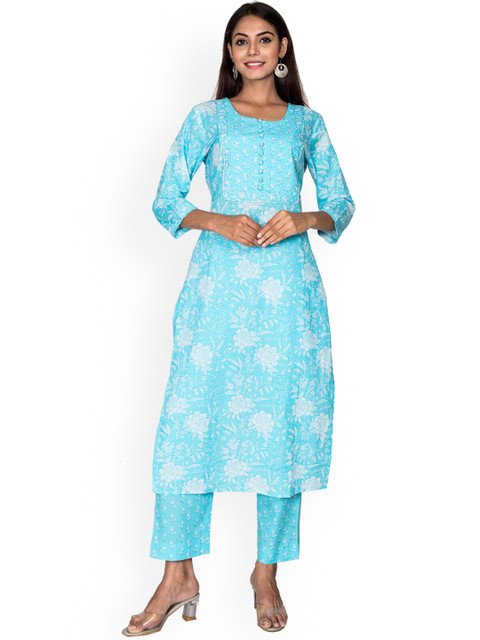 

Swasti Women Blue & White Floral Printed Pure Cotton Kurta With Palazzos