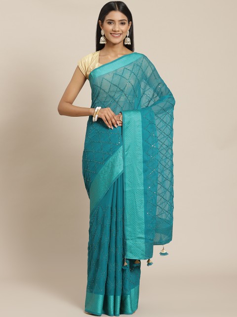 

Meena Bazaar Turquoise Blue Woven Design Sequinned Saree