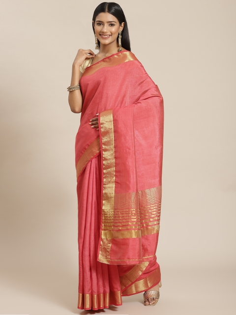 

Meena Bazaar Pink & Gold-Toned Zari Silk Blend Saree