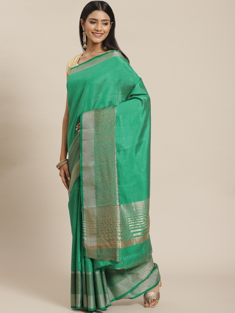 

Meena Bazaar Green Zari Silk Blend Saree