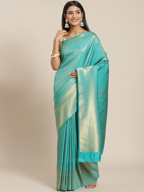 

Meena Bazaar Turquoise Blue & Gold-Toned Woven Design Zari Silk Blend Saree