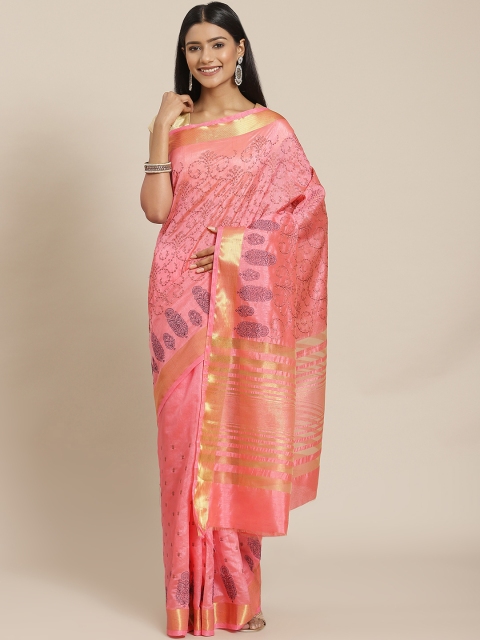 

Meena Bazaar Pink Floral Zari Silk Blend Banarasi Saree
