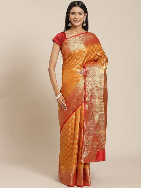 

Meena Bazaar Mustard & Red Ethnic Motifs Zari Silk Blend Saree