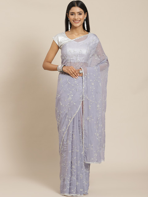 

Meena Bazaar Grey Floral Sequinned Organza Saree