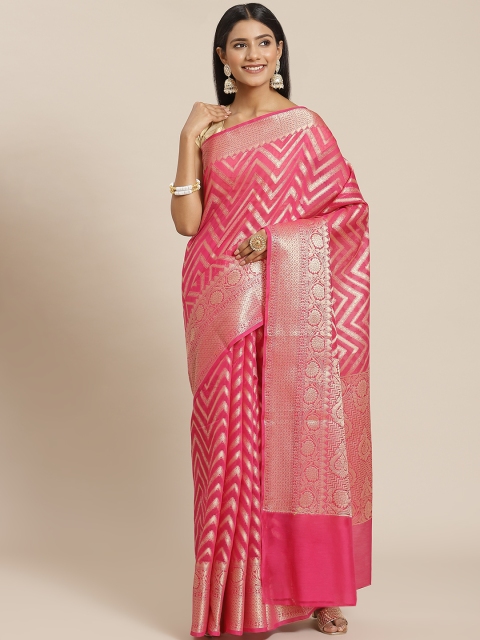 

Meena Bazaar Fuchsia & Gold-Toned Zari Pure Cotton Banarasi Saree