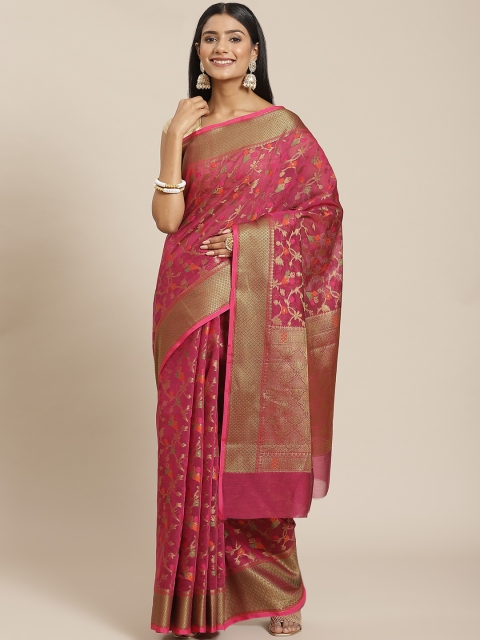 

Meena Bazaar Fuchsia Floral Zari Pure Cotton Banarasi Saree