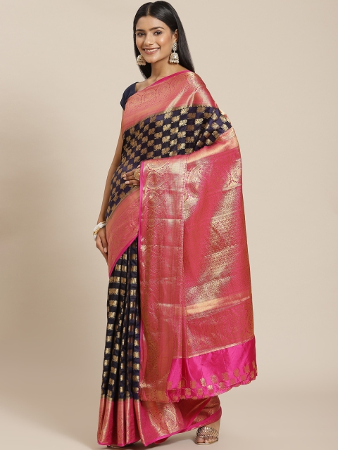 

Meena Bazaar Navy Blue & Fuchsia Ethnic Motifs Zari Silk Blend Saree