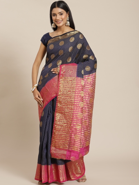 

Meena Bazaar Navy Blue & Pink Ethnic Motifs Zari Silk Blend Saree