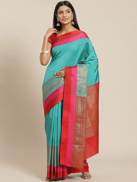 

Meena Bazaar Turquoise Blue & Red Ethnic Motifs Zari Pure Cotton Banarasi Saree
