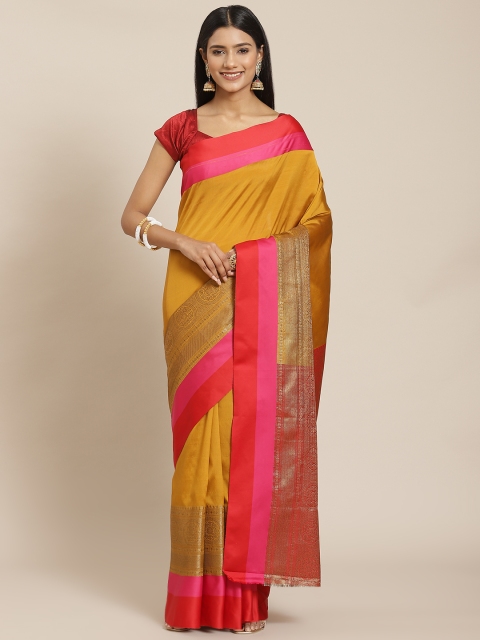 

Meena Bazaar Mustard & Red Ethnic Motifs Zari Pure Cotton Banarasi Saree