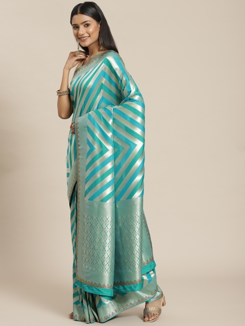 

Meena Bazaar Sea Green Zari Silk Blend Banarasi Saree