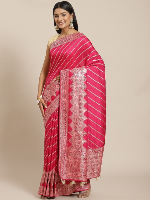 

Meena Bazaar Fuchsia & Gold-Toned Striped Zari Silk Blend Banarasi Saree