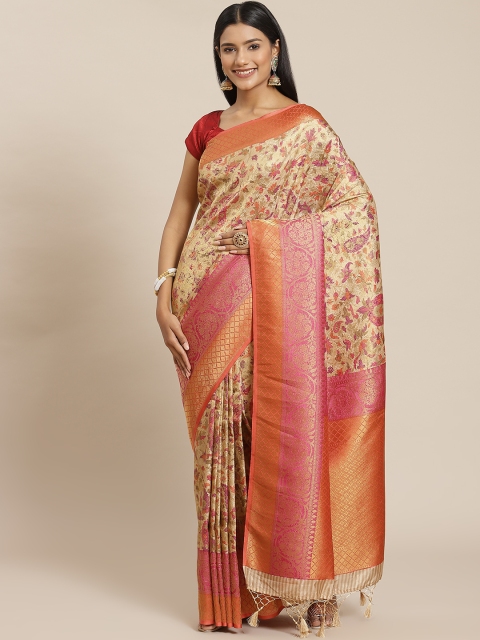 

Meena Bazaar Beige & Pink Floral Zari Silk Blend Banarasi Saree