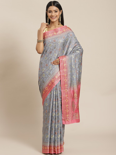 

Meena Bazaar Grey & Coral Floral Zari Silk Blend Tussar Saree