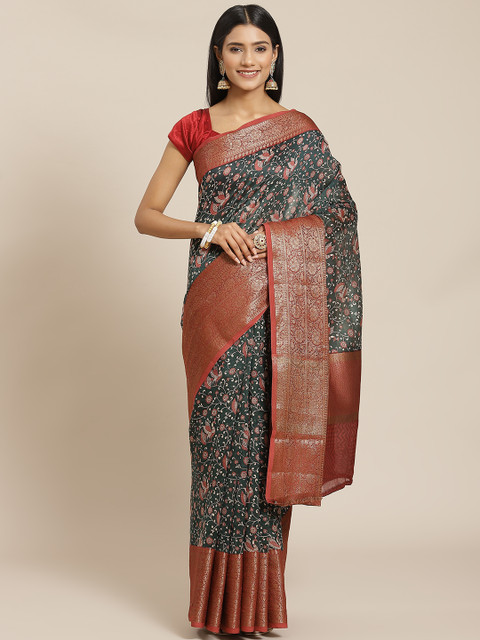 

Meena Bazaar Green & Red Floral Zari Pure Cotton Banarasi Saree