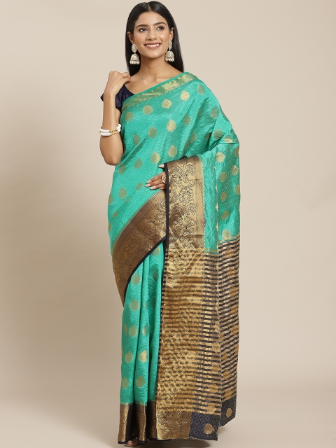 

Meena Bazaar Sea Green & Gold-Toned Ethnic Motifs Zari Silk Blend Saree