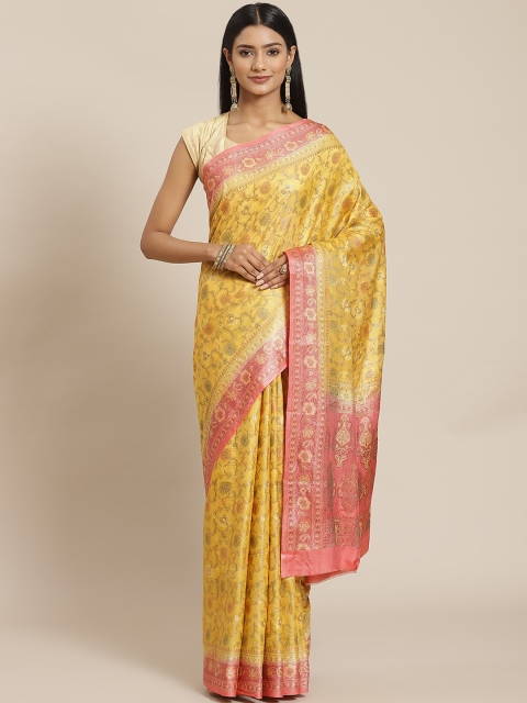 

Meena Bazaar Mustard & Pink Floral Zari Silk Blend Tussar Saree